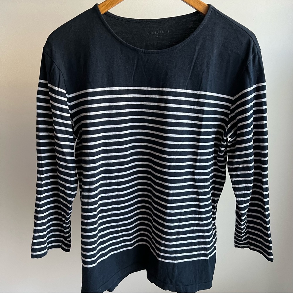 All Saints Blue Striped 3/4 Sleeve Shirt